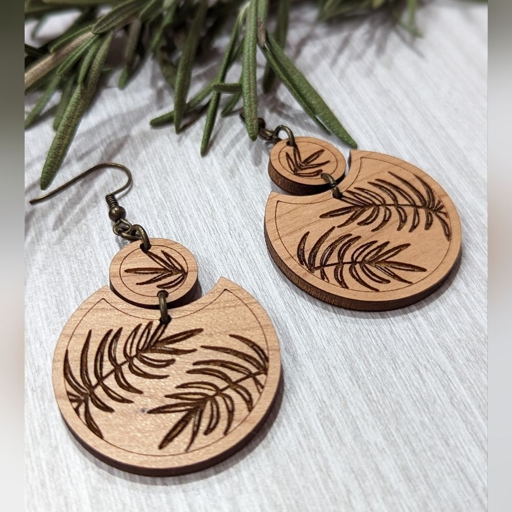 Fern Leaf Cherry Wood Boho Handmade Engraved Dangle Earrings